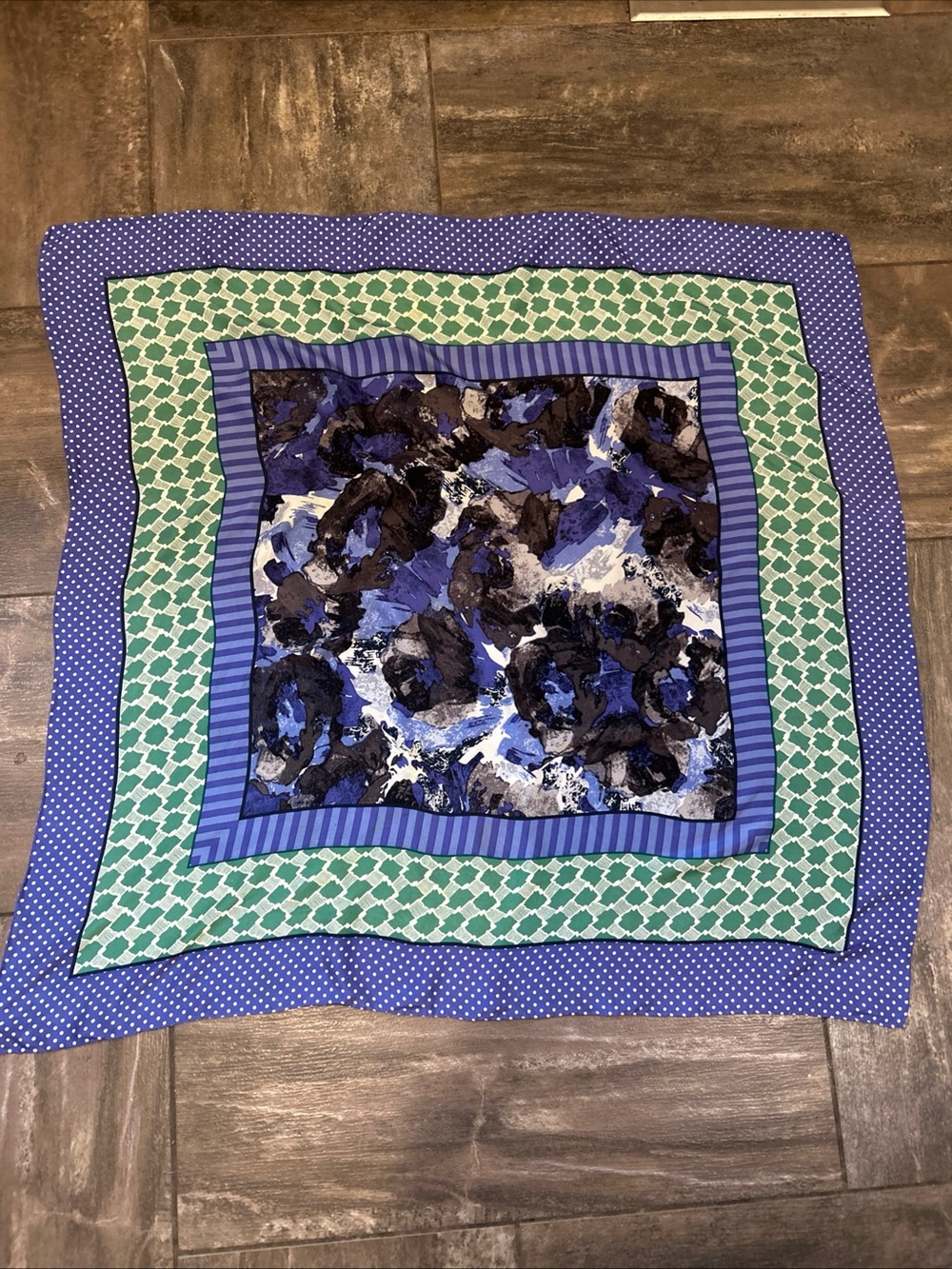 Green Blue Silk Scarf Hand Rolled Square Large Size Polka Dots Abstract Design